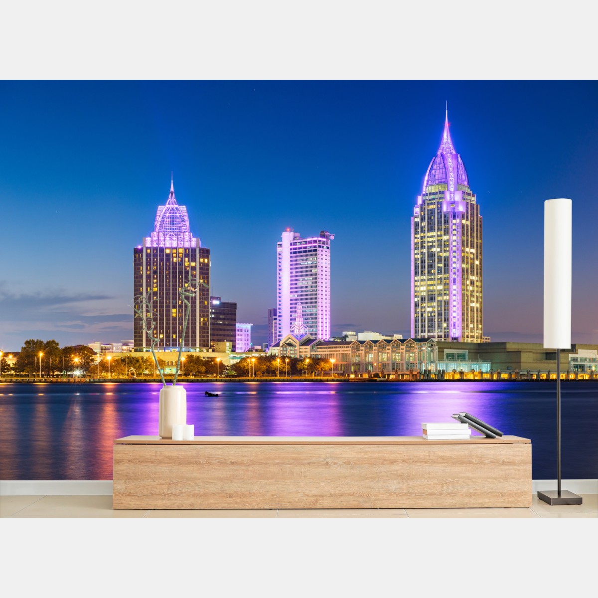 Papier peint crépuscule violet à Mobile: skyline illuminé – Wallnifity® Papier peint crépuscule violet à Mobile: skyline illuminé – Wallnifity®