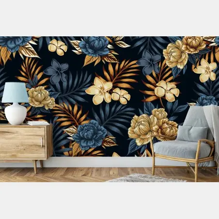 Papier peint motif floral tropical bleu et or sur fond sombre – Wallnifity®