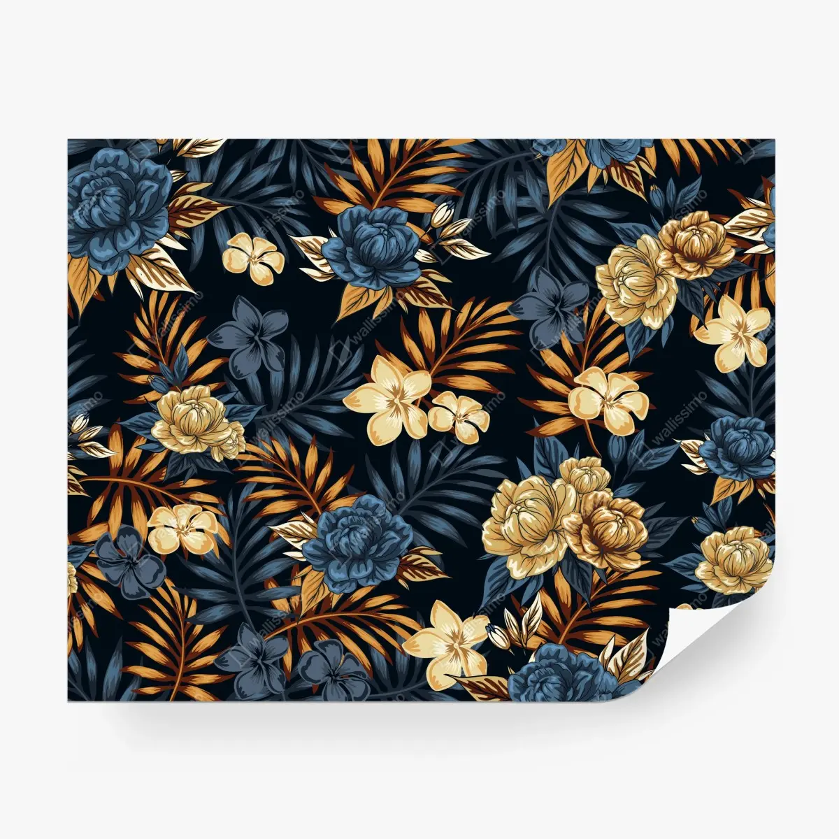 Papier peint motif floral tropical bleu et or sur fond sombre – Wallnifity®