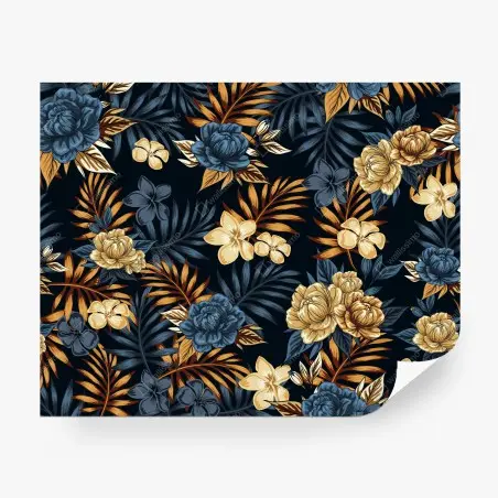 Papier peint motif floral tropical bleu et or sur fond sombre – Wallnifity®
