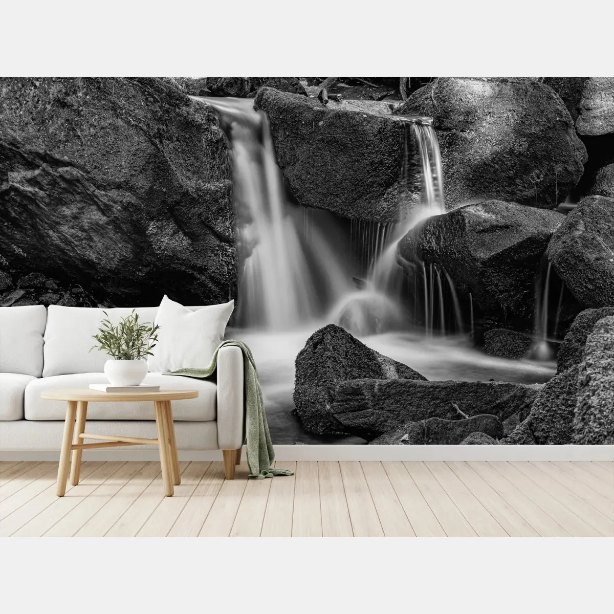 Papier peint cascade apaisante en noir et blanc – Wallnifity®