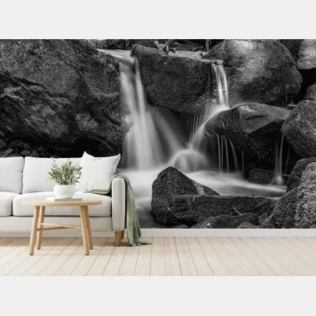Papier peint cascade apaisante en noir et blanc – Wallnifity®