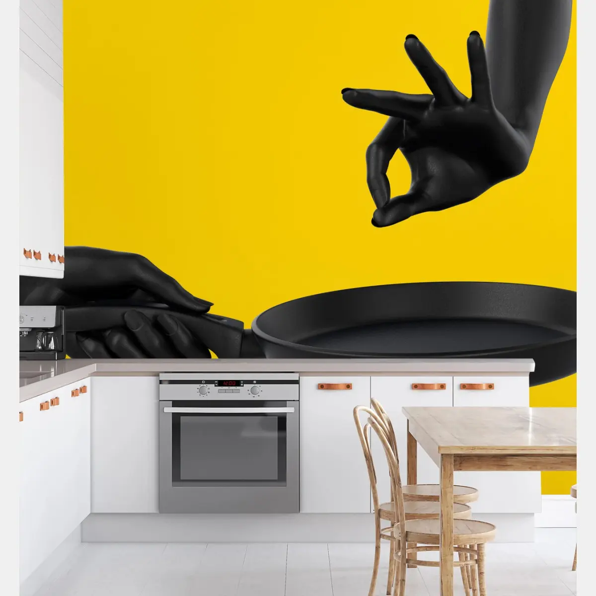 Papier peint mains noires et poêle sur fond jaune – Wallnifity®