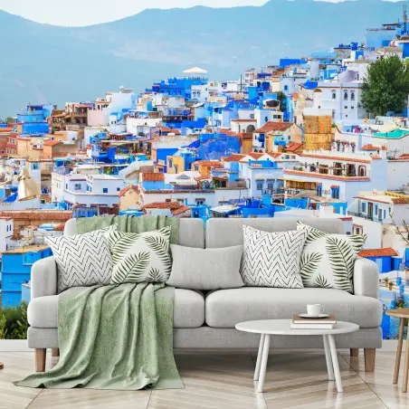 Papier peint panorama bleu de Chefchaouen – Wallnifity®