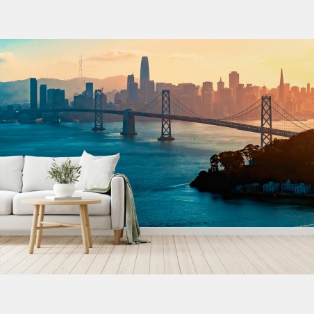 Papier peint coucher de soleil sur le pont de la baie de San Francisco – Wallnifity®
