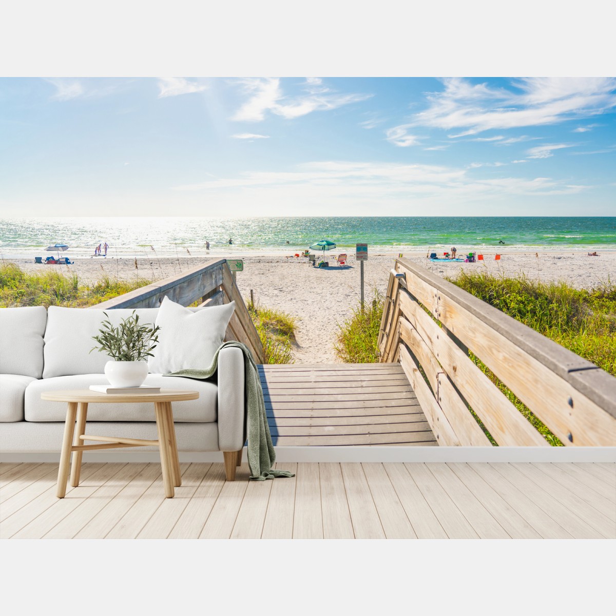 Papier peint promenade en bois vers la mer ensoleillée – Wallnifity®