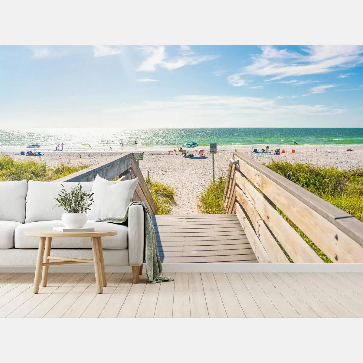 Papier peint promenade en bois vers la mer ensoleillée – Wallnifity®