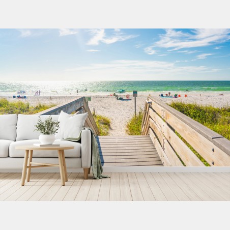 Papier peint promenade en bois vers la mer ensoleillée – Wallnifity®