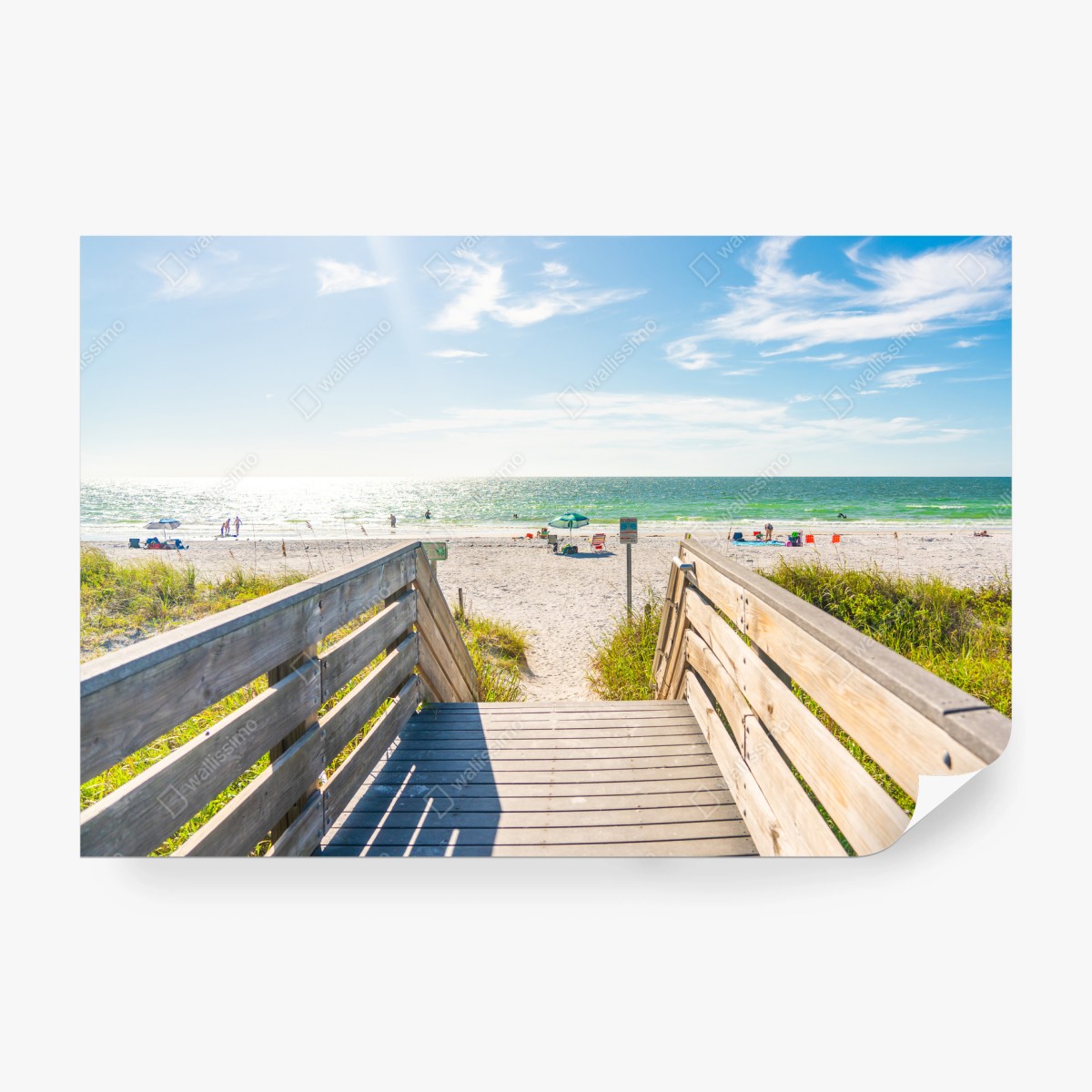Papier peint promenade en bois vers la mer ensoleillée – Wallnifity®