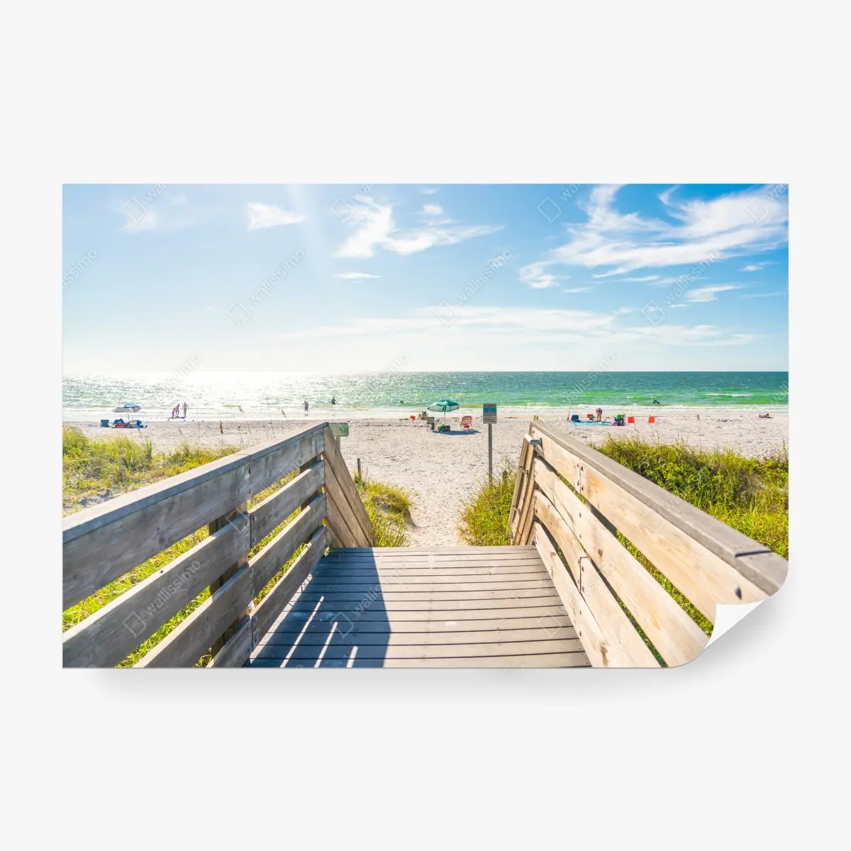 Papier peint promenade en bois vers la mer ensoleillée – Wallnifity®