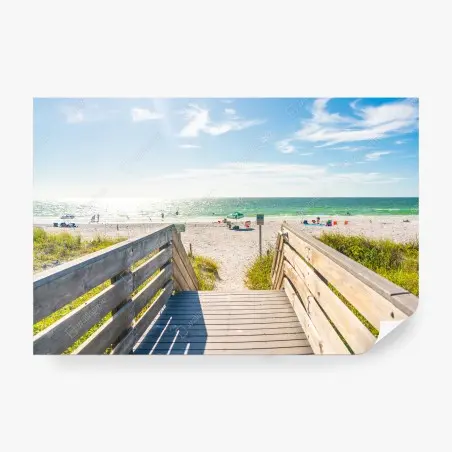 Papier peint promenade en bois vers la mer ensoleillée – Wallnifity®