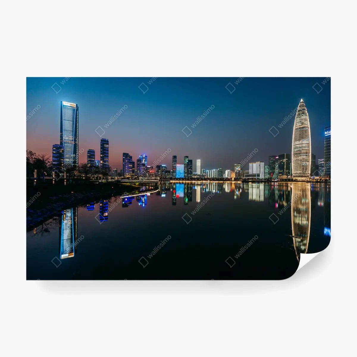 Papier peint reflets de la ligne d'horizon urbaine au crépuscule – Wallnifity®