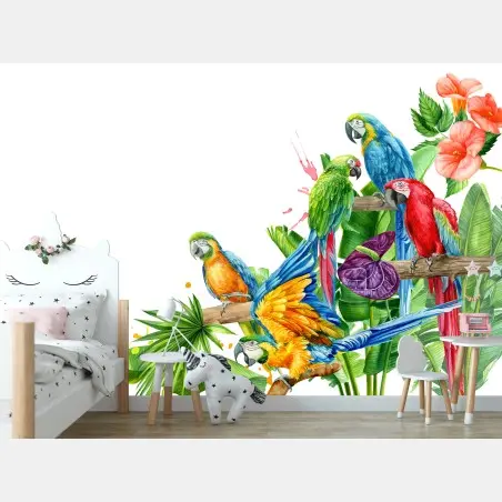 Papier peint perroquets tropicaux colorés sur fond blanc – Wallnifity®