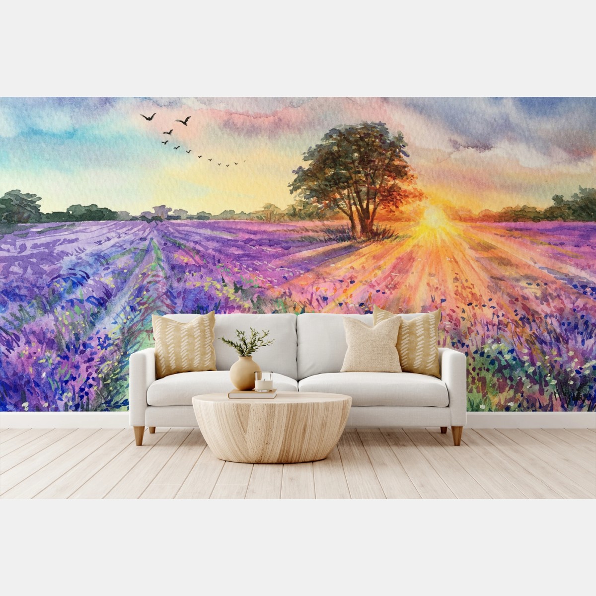 Papier peint champ de lavande au lever du soleil en aquarelle – Wallnifity®