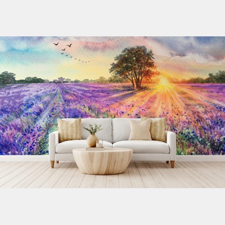 Papier peint champ de lavande au lever du soleil en aquarelle – Wallnifity®
