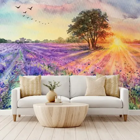 Papier peint champ de lavande au lever du soleil en aquarelle – Wallnifity®