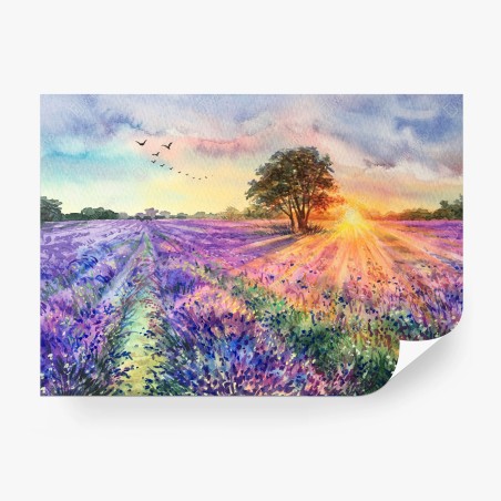 Papier peint champ de lavande au lever du soleil en aquarelle – Wallnifity®