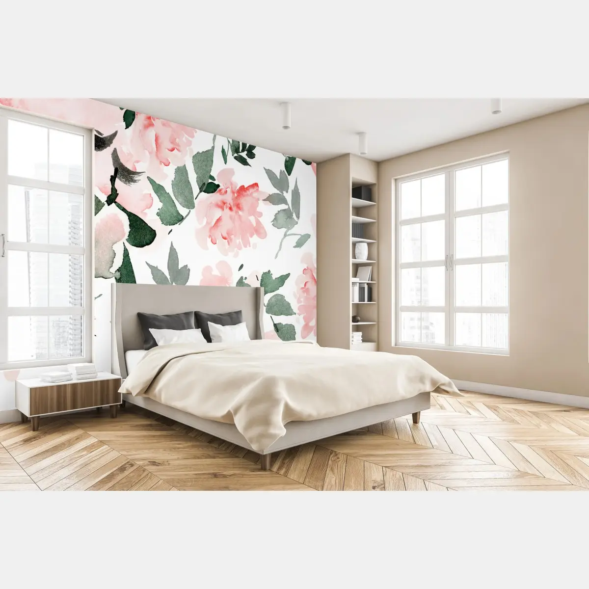 Papier peint motif floral aquarelle rose et vert – Wallnifity®