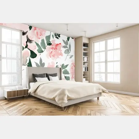 Papier peint motif floral aquarelle rose et vert – Wallnifity®