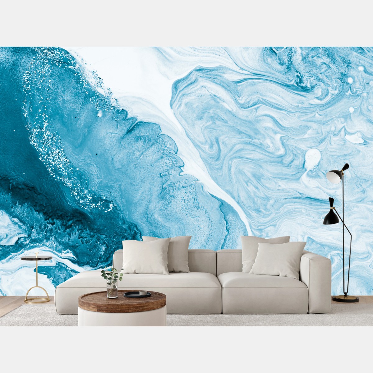 Papier peint océan abstrait en bleu et argent – Wallnifity®