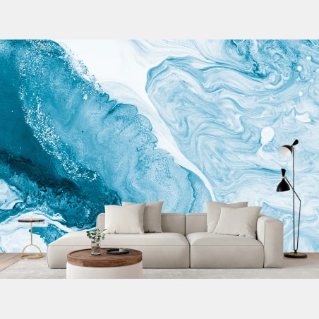 Papier peint océan abstrait en bleu et argent – Wallnifity®
