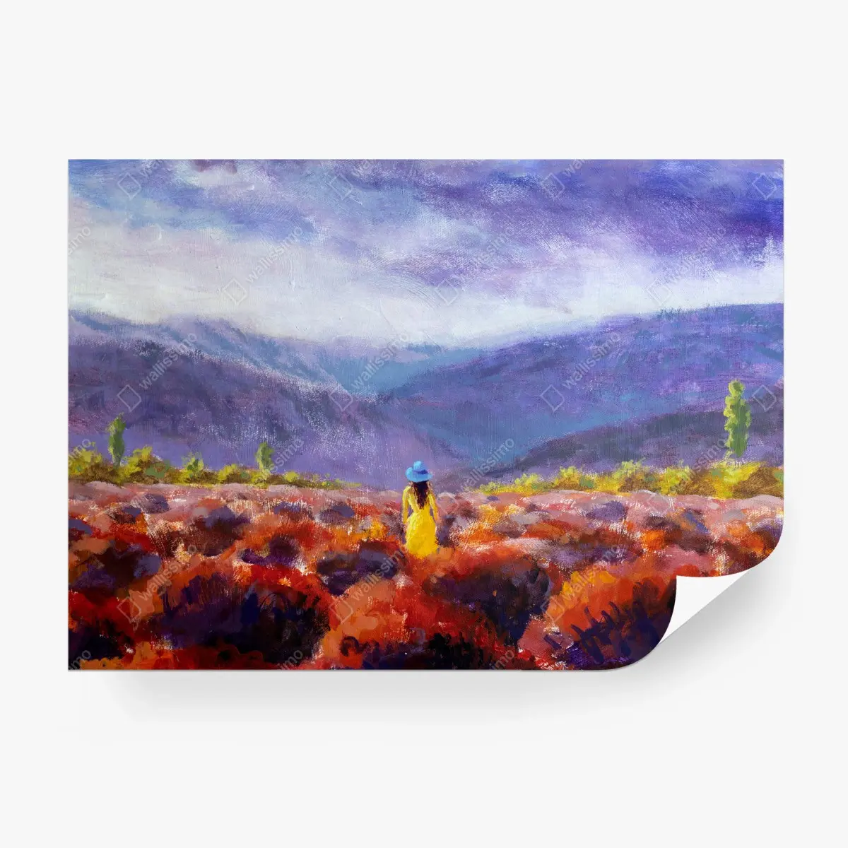 Papier peint femme en robe jaune dans un champ de lavande – Wallnifity®