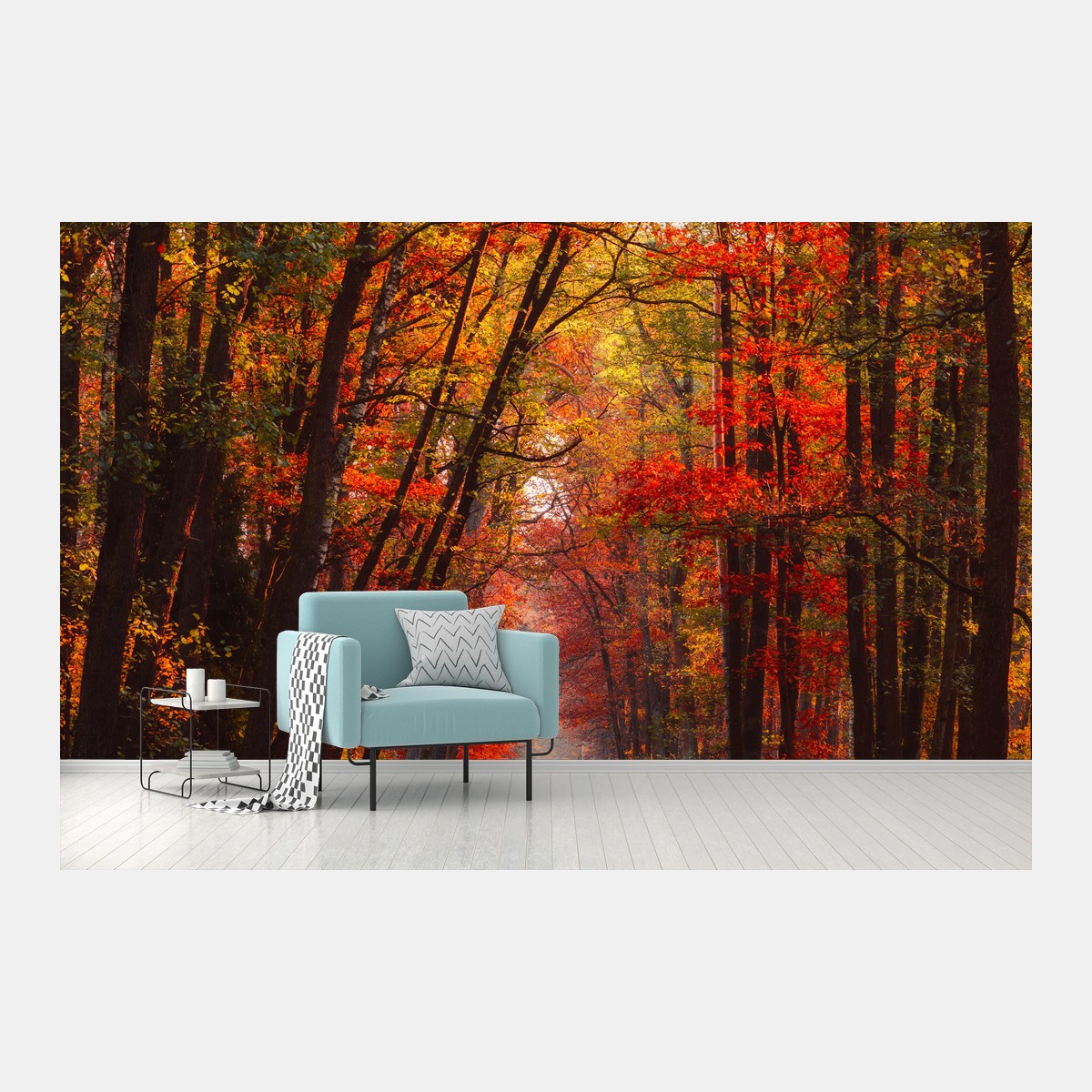 Papier peint chemin forestier automnal en lumière dorée – Wallnifity®