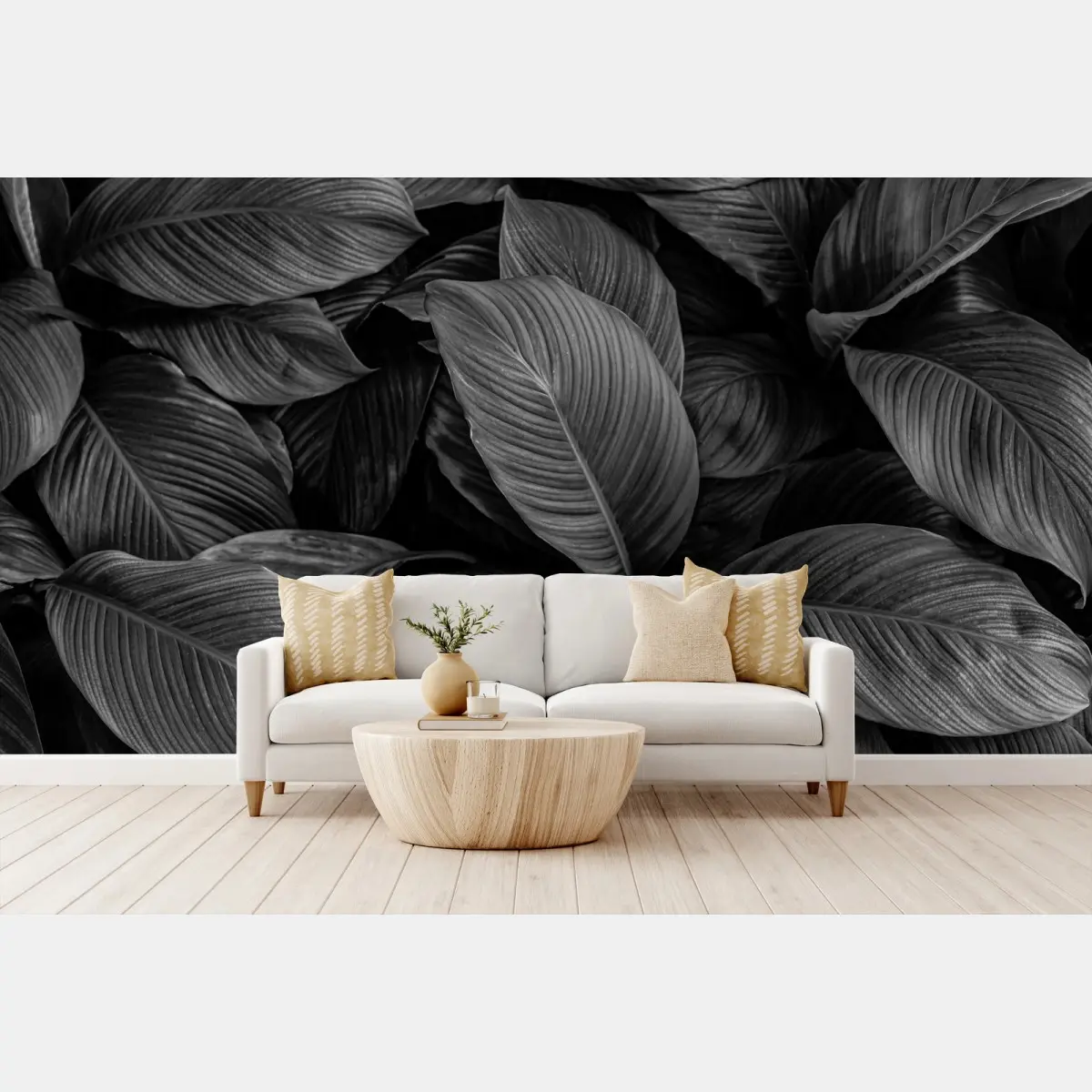 Papier peint motif feuilles tropicales monochrome et texturé – Wallnifity®