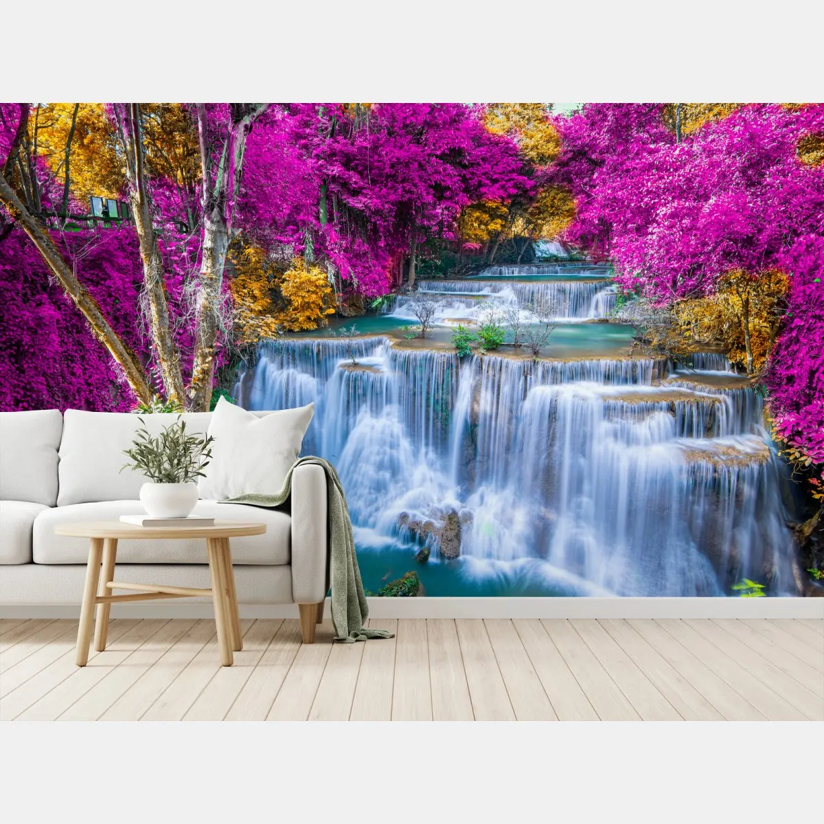 Papier peint cascade féerique aux feuillages magenta – Wallnifity®