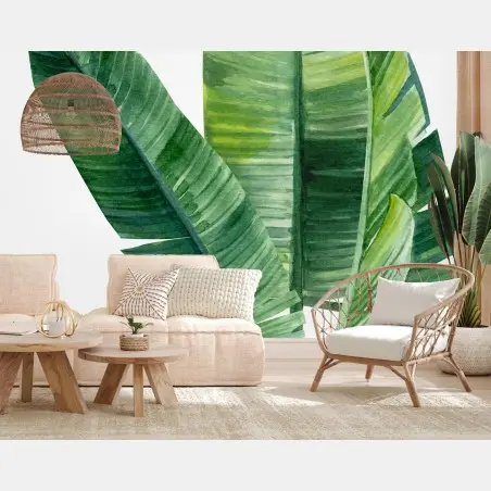 Papier peint feuillage tropical aquarelle pour décoration murale – Wallnifity®