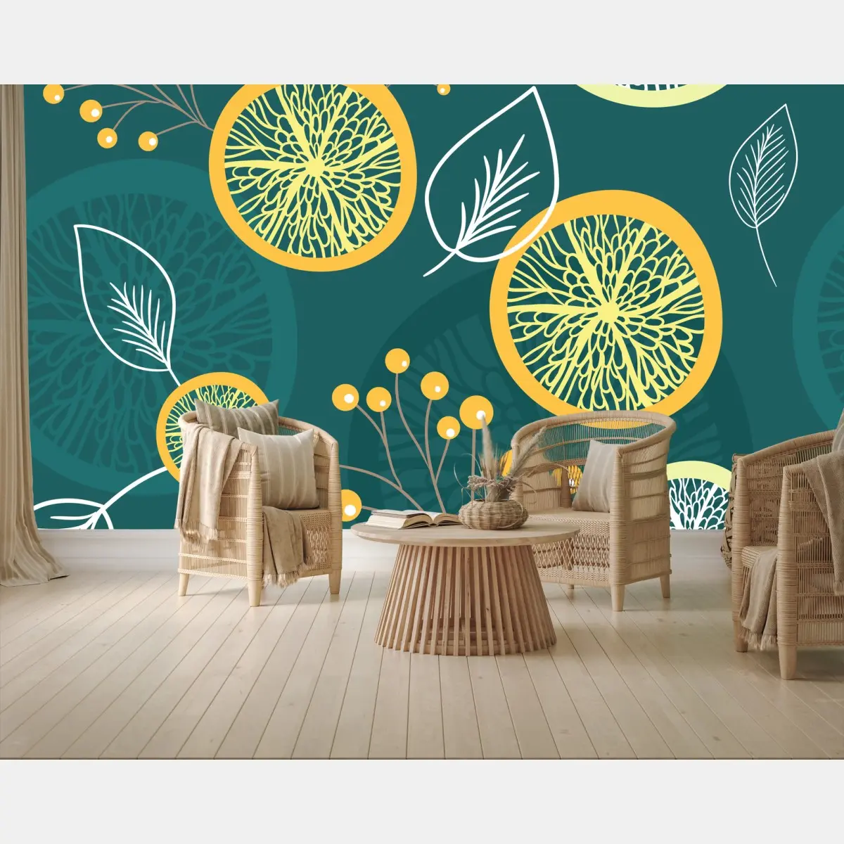 Papier peint motif botanique agrumes sur fond turquoise – Wallnifity®