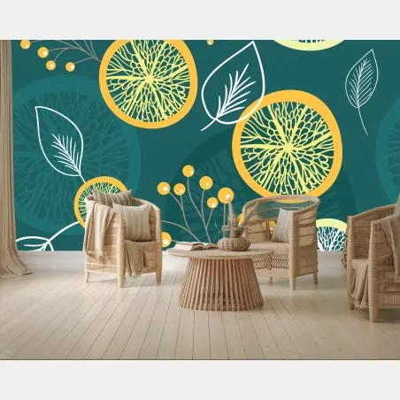 Papier peint motif botanique agrumes sur fond turquoise – Wallnifity®