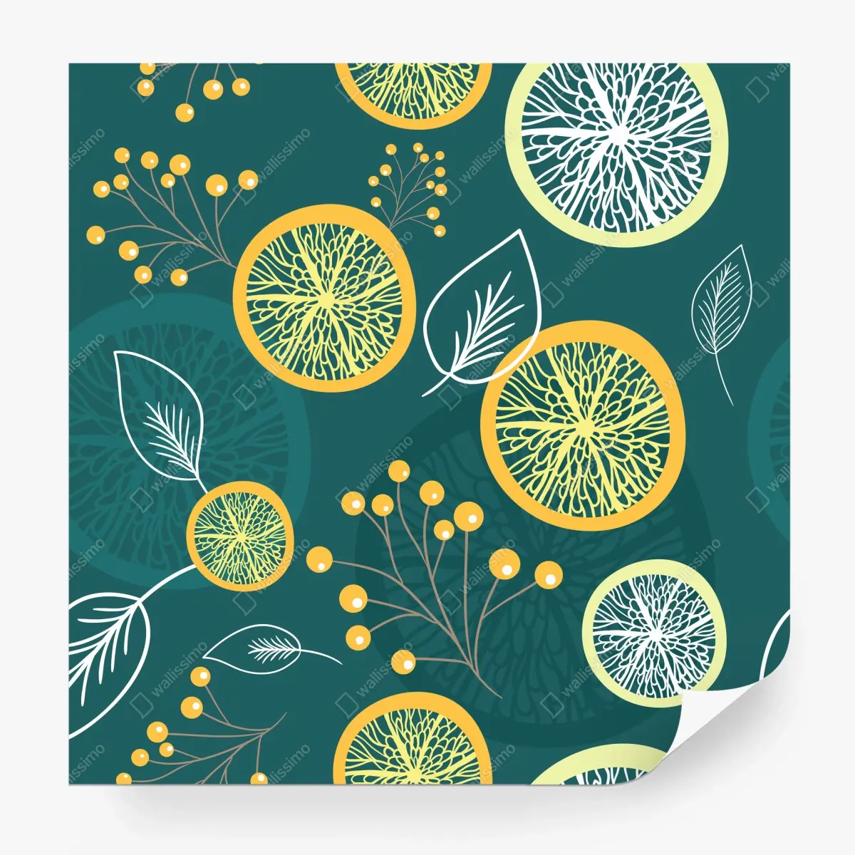 Papier peint motif botanique agrumes sur fond turquoise – Wallnifity®