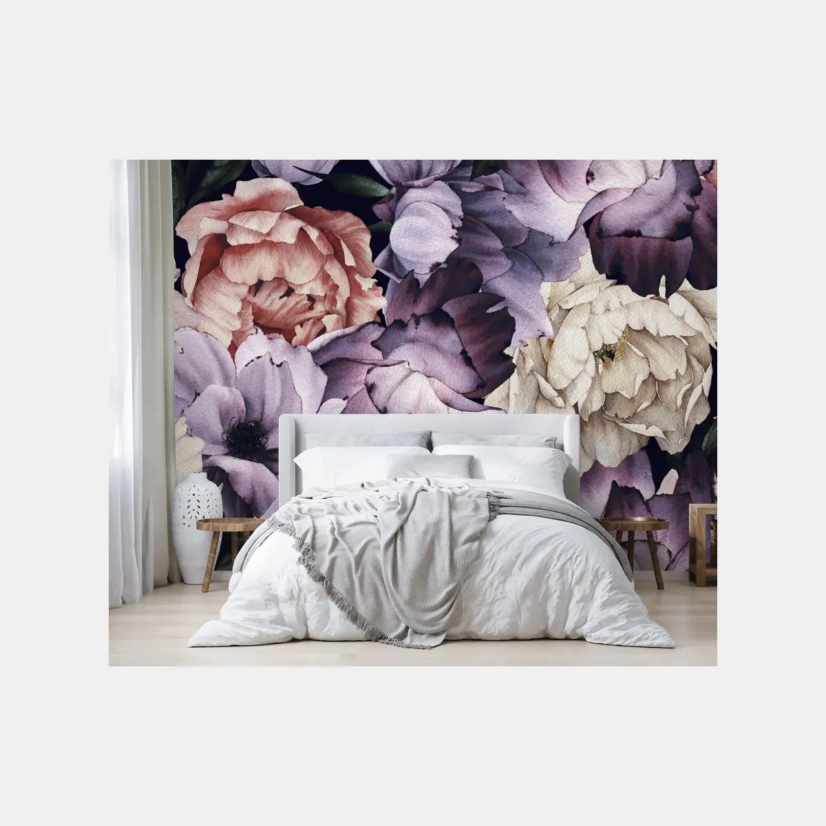 Papier peint motif floral aquarelle romantique sur fond sombre – Wallnifity®