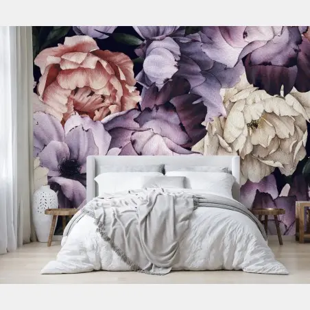 Papier peint motif floral aquarelle romantique sur fond sombre – Wallnifity®