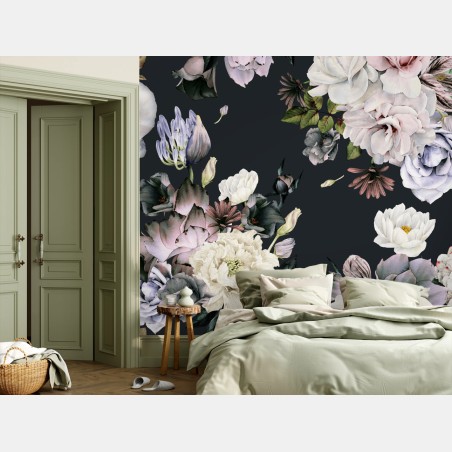 Papier peint motif floral aquarelle délicat sur fond sombre – Wallnifity®