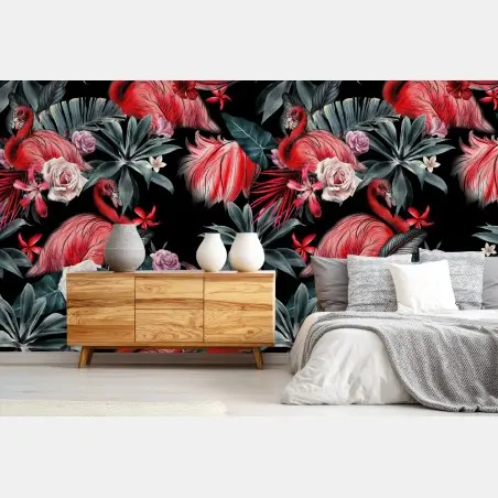 Papier peint jardin tropical aux flamants roses – Wallnifity®