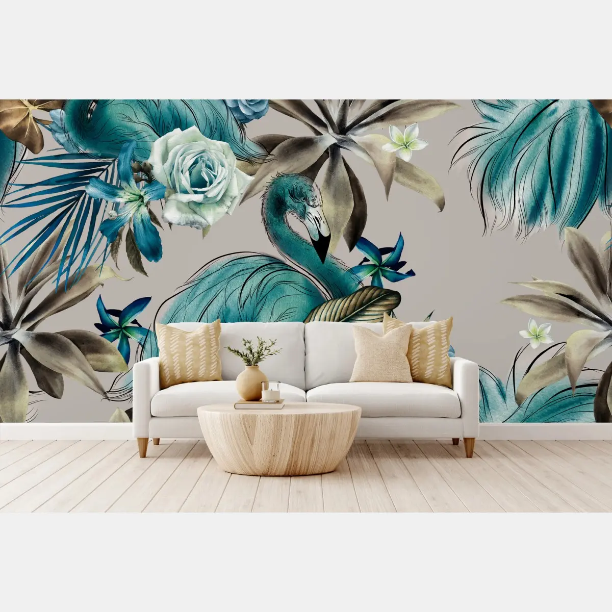 Papier peint motif tropical élégant aux flamants et fleurs aquarelle – Wallnifity®