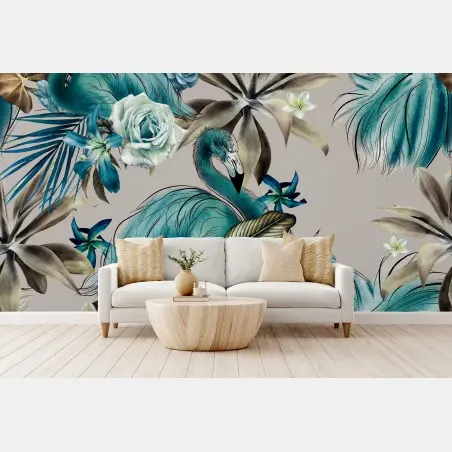 Papier peint motif tropical élégant aux flamants et fleurs aquarelle – Wallnifity®