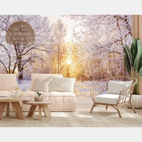 Papier peint panorama hivernal en forêt au coucher du soleil – Wallnifity®