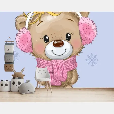 Papier peint adorable ours d'hiver au cache-oreilles rose – Wallnifity®