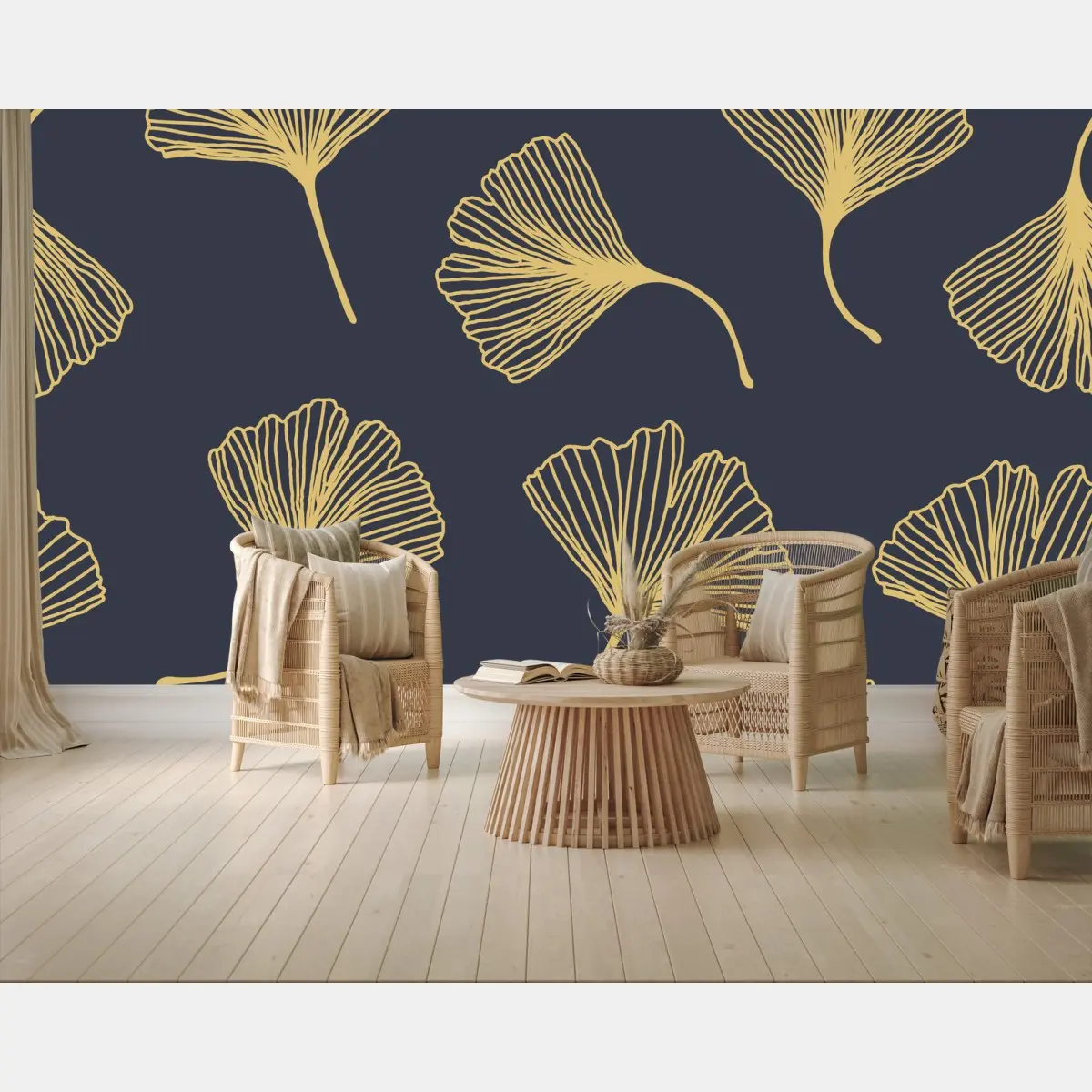 Papier peint motif feuilles de ginkgo dorées sur fond bleu marine – Wallnifity®