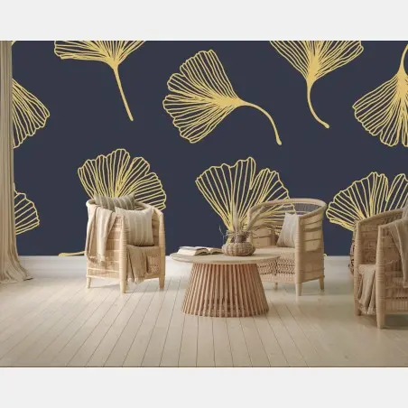 Papier peint motif feuilles de ginkgo dorées sur fond bleu marine – Wallnifity®