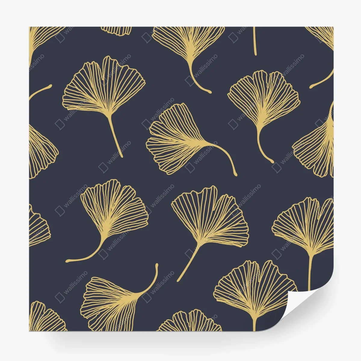 Papier peint motif feuilles de ginkgo dorées sur fond bleu marine – Wallnifity®