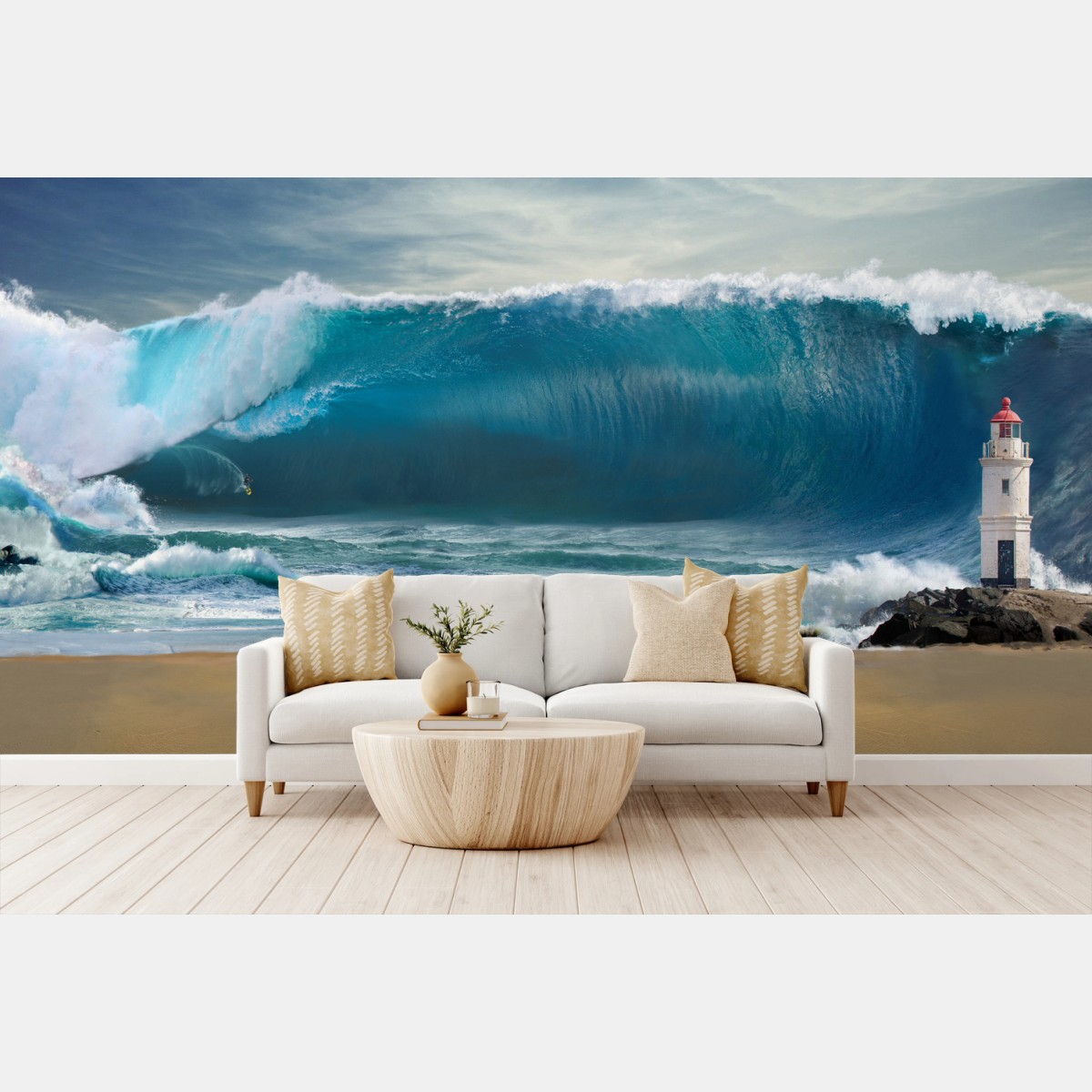 Papier peint scène marine dramatique avec phare et vague géante – Wallnifity®