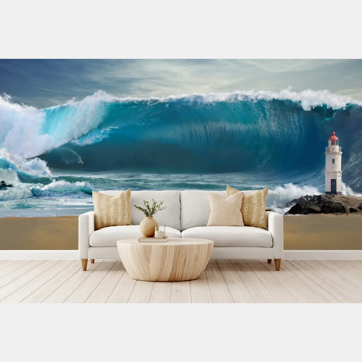 Papier peint scène marine dramatique avec phare et vague géante – Wallnifity®