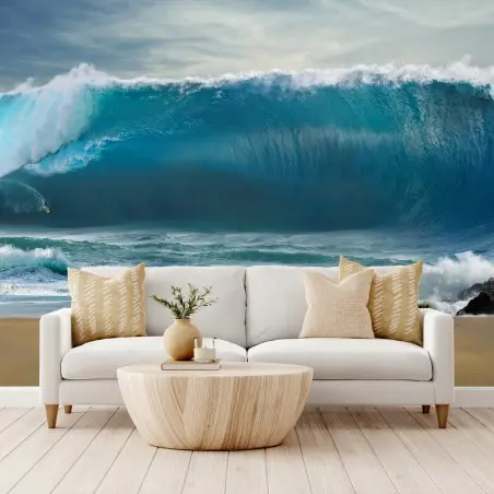 Papier peint scène marine dramatique avec phare et vague géante – Wallnifity®