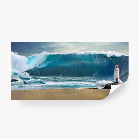 Papier peint scène marine dramatique avec phare et vague géante – Wallnifity®