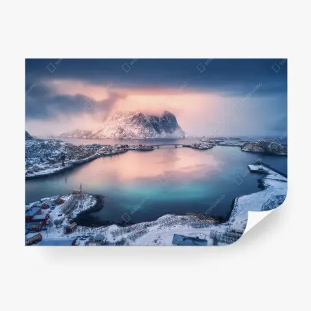 Papier peint crépuscule rose sur fjord enneigé – Wallnifity®