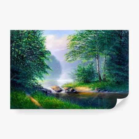 Papier peint cascade tranquille au cœur de la forêt estivale – Wallnifity®